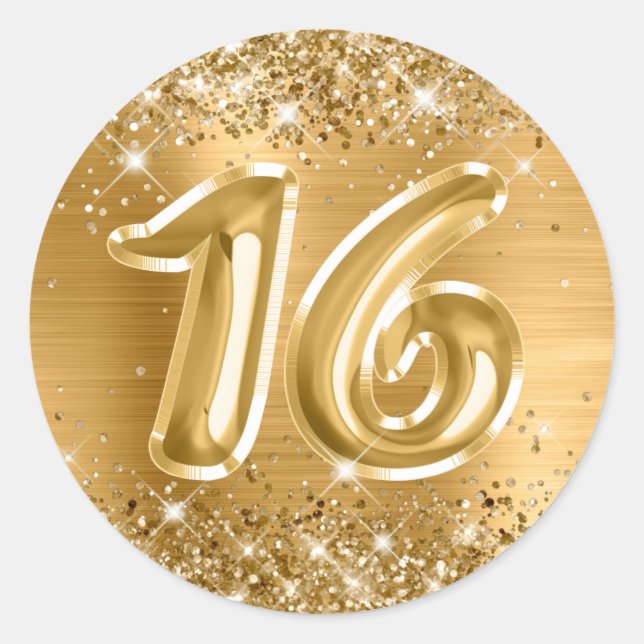 Glittery Gold Foil Number 16 Birthday Classic Round Sticker (Front)