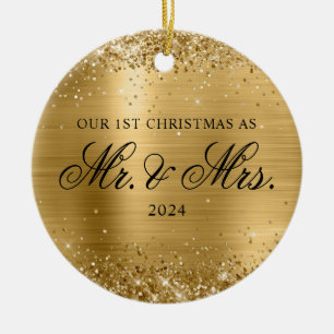 Glittery Gold Foil Our 1st Christmas Photo Ceramic Tree Decoration