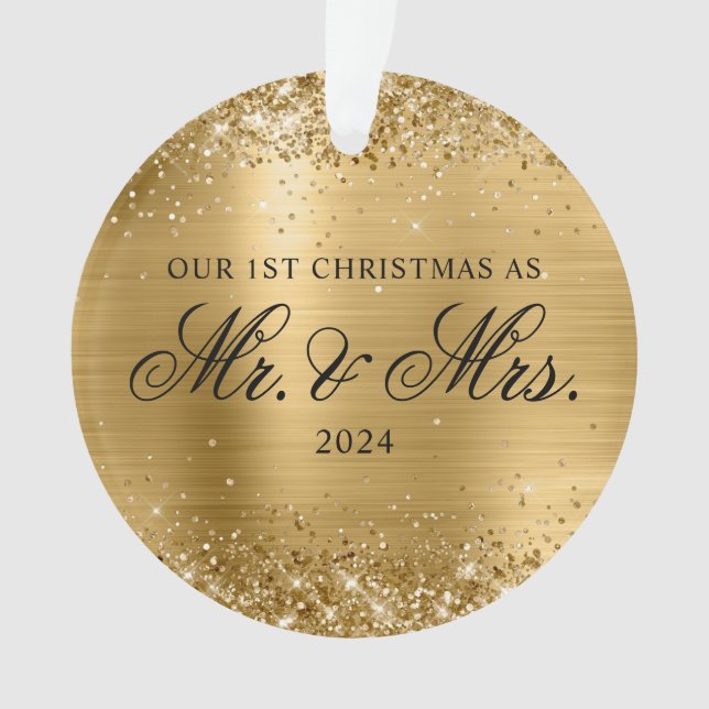 Glittery Gold Foil Our 1st Christmas Photo Ornament (Front)
