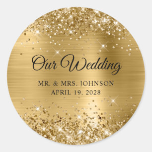 Glittery Gold Foil Our Wedding Classic Round Sticker