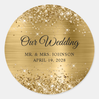 Glittery Gold Foil Our Wedding Classic Round Sticker
