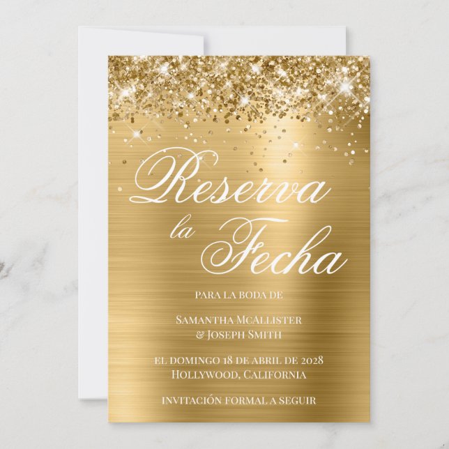 Glittery Gold Foil Photo Reserva La Fecha Invitation (Front)