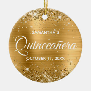 Glittery Gold Foil Quinceañera Ceramic Tree Decoration