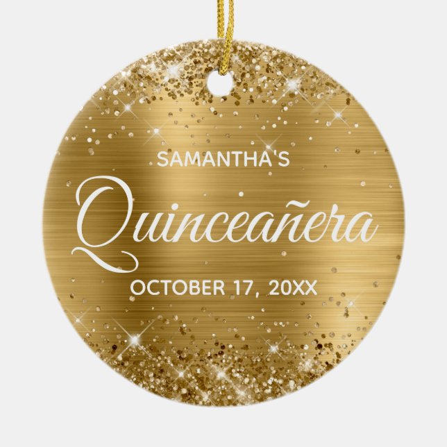 Glittery Gold Foil Quinceañera Ceramic Tree Decoration (Front)