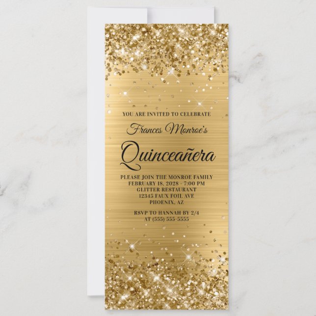 Glittery Gold Foil Quinceañera Invitation (Front)