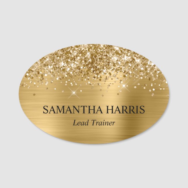 Glittery Gold Foil Rectangle Logo Name Tag (Front)