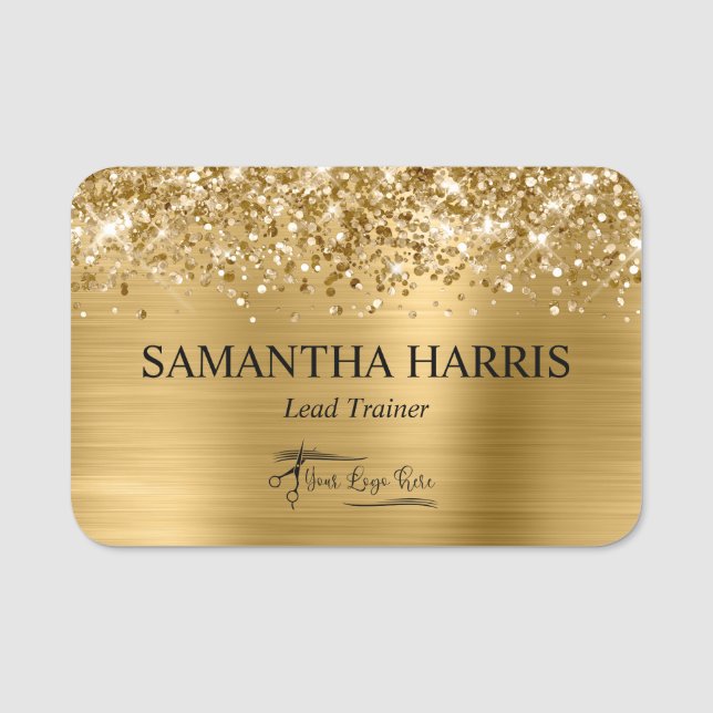 Glittery Gold Foil Rectangle Logo Name Tag (Front)