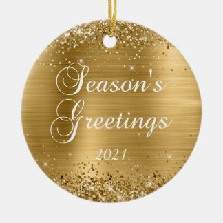 Glittery Gold Foil Season's Greetings Photo Ceramic Tree Decoration