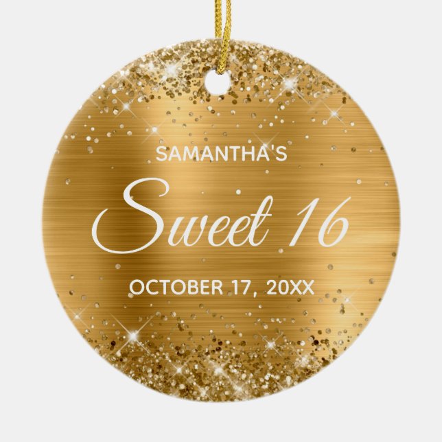 Glittery Gold Foil Sweet 16 Birthday Ceramic Tree Decoration (Front)