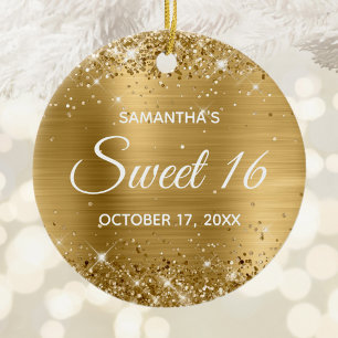 Glittery Gold Foil Sweet 16 Birthday Ceramic Tree Decoration