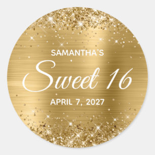 Glittery Gold Foil Sweet 16 Classic Round Sticker