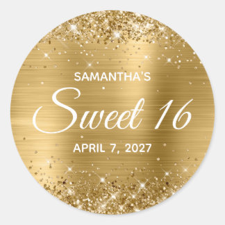 Glittery Gold Foil Sweet 16 Classic Round Sticker