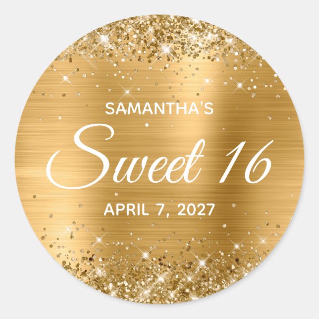 Glittery Gold Foil Sweet 16 Classic Round Sticker (Front)