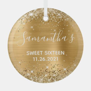 Glittery Gold Foil Sweet 16 Glass Tree Decoration