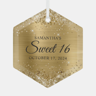 Glittery Gold Foil Sweet 16 Glass Tree Decoration