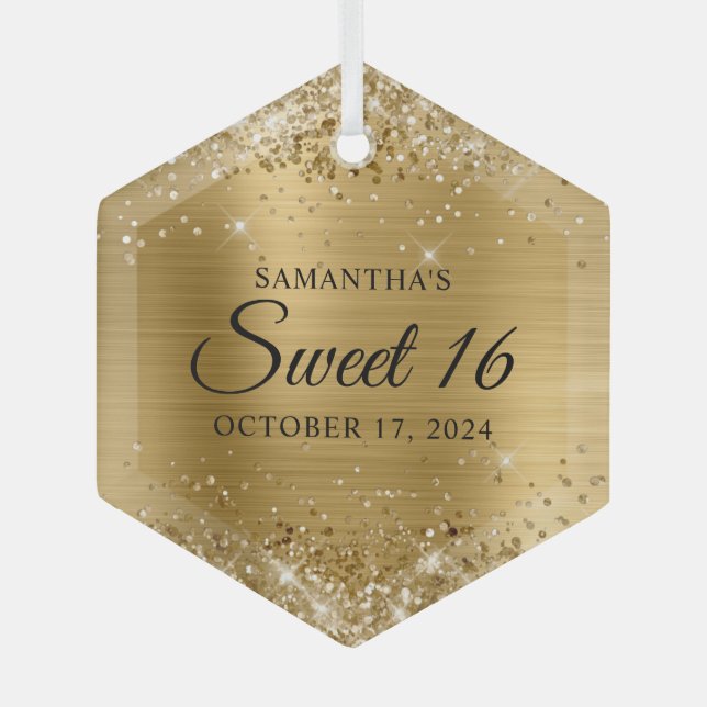 Glittery Gold Foil Sweet 16 Glass Tree Decoration (Front)