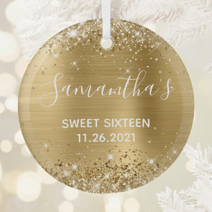 Glittery Gold Foil Sweet 16 Glass Tree Decoration