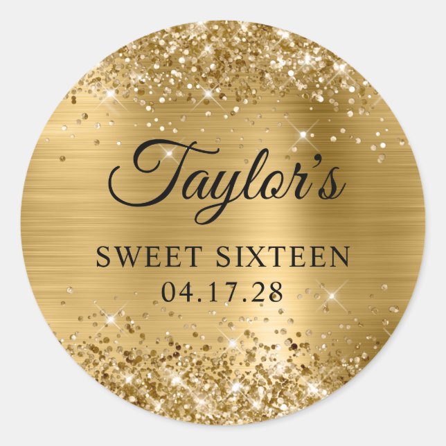 Glittery Gold Foil Sweet Sixteen Birthday Classic Round Sticker (Front)