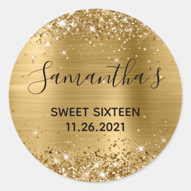 Glittery Gold Foil Sweet Sixteen Classic Round Sticker (Front)