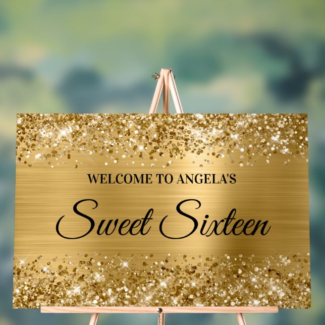 Glittery Gold Foil Sweet Sixteen Welcome Acrylic Sign (Neutral)