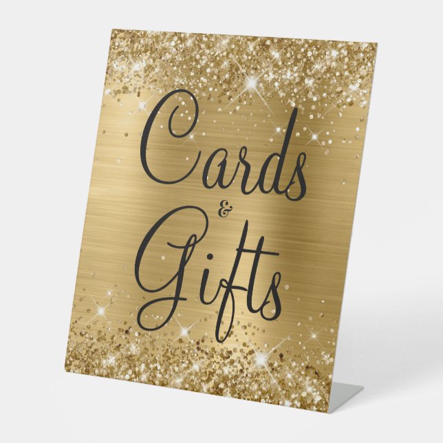 Glittery Gold Foil Wedding Cards & Gifts Pedestal Sign (Front)
