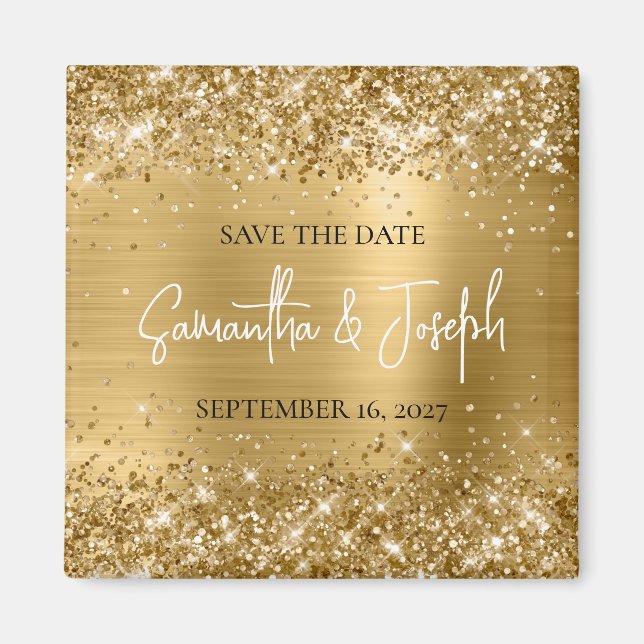 Glittery Gold Foil Wedding Save the Date Magnet (Front)