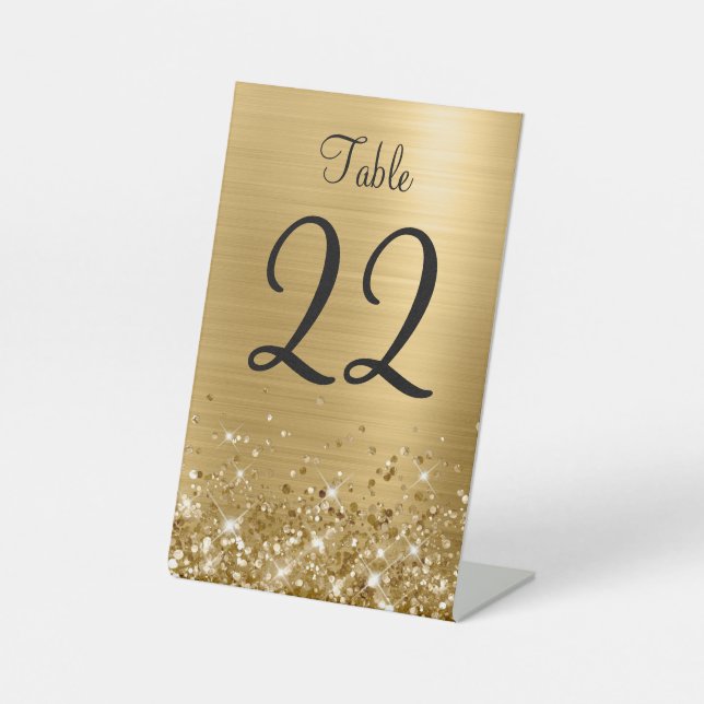 Glittery Gold Foil Wedding Table Number Sign (Front)