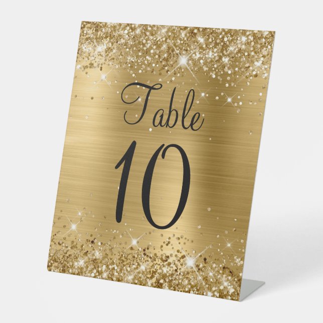 Glittery Gold Foil Wedding Table Number Sign (Front)