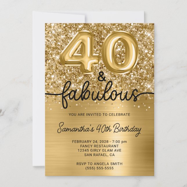 Glittery Gold Glam 40 and Fabulous Invitation (Front)