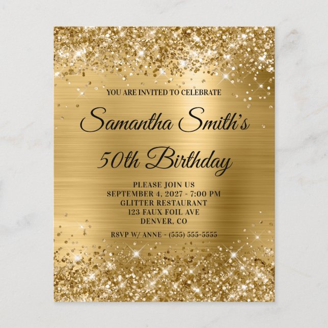 Glittery Gold Glam 50th Birthday Invite Flyer (Front)
