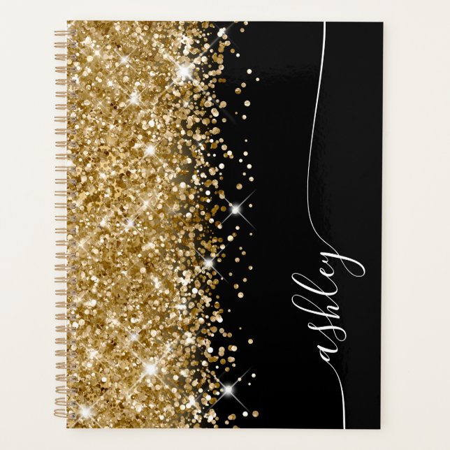 Glittery Gold Glam Black and White Elegant Script Planner (Front)