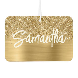 Glittery Gold Glam Brush Script Name Car Air Freshener