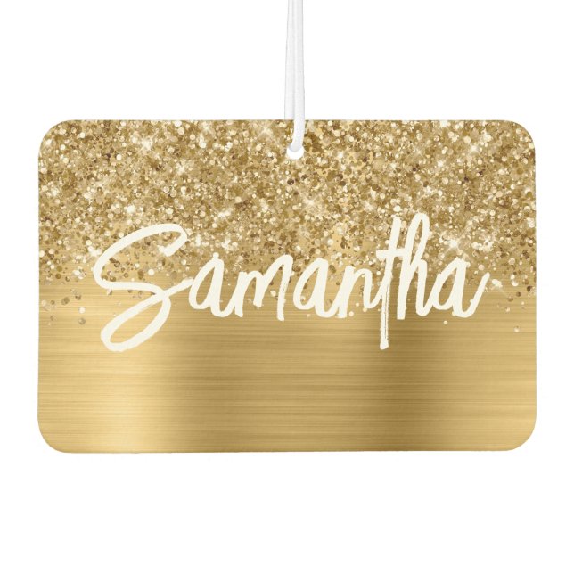 Glittery Gold Glam Brush Script Name Car Air Freshener (Front)