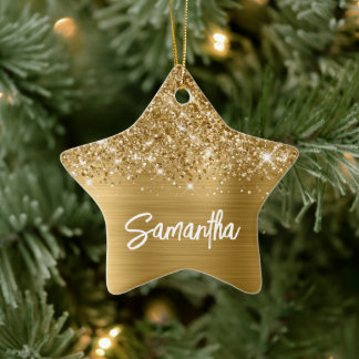 Glittery Gold Glam Brush Script Name Ceramic Tree Decoration