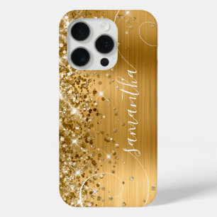 Glittery Gold Glam Curly Signature iPhone 15 Pro Case