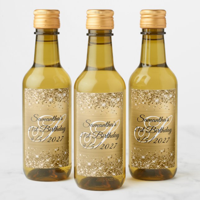 Glittery Gold Glam Monogram 21st Birthday Wine Label (Bottles)
