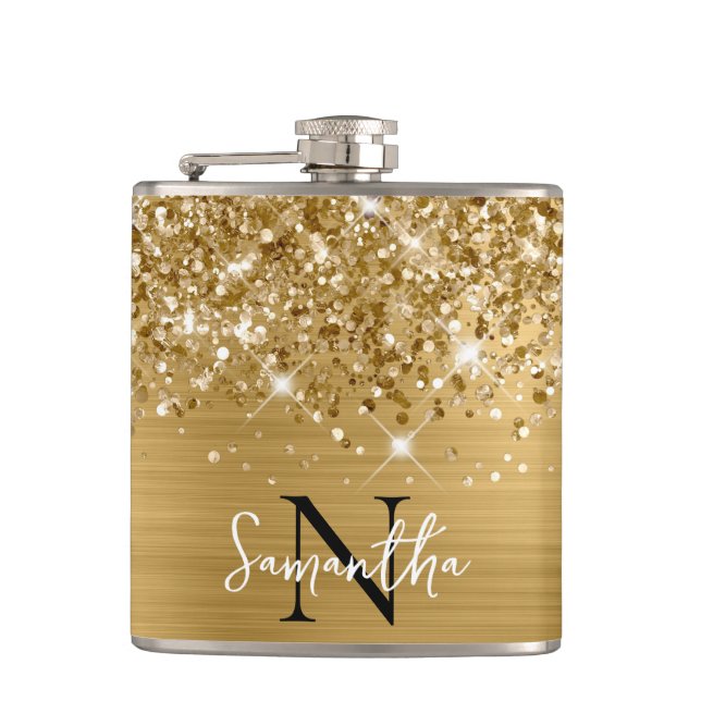 Glittery Gold Glam Monogrammed Hip Flask (Front)