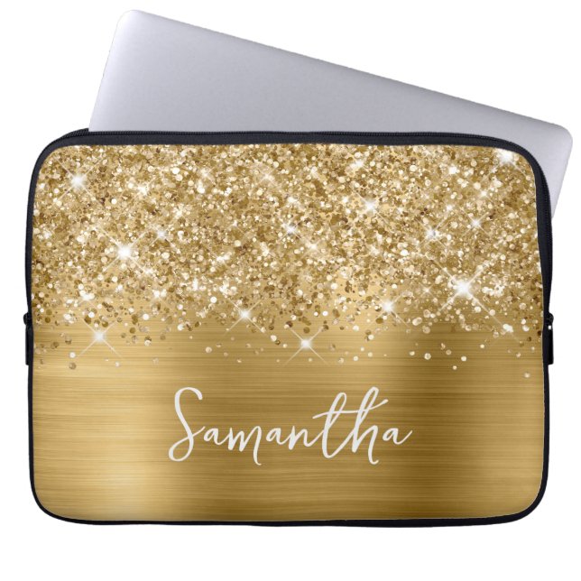 Glittery Gold Glam Name Laptop Sleeve (Front)