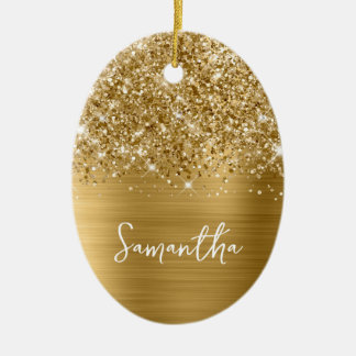 Glittery Gold Glam Name Oval Photo Ceramic Tree Decoration