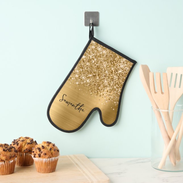 Glittery Gold Glam Name Oven Mitt (Insitu(Hanging))