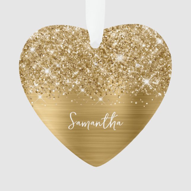Glittery Gold Glam Name Photo Ornament (Front)