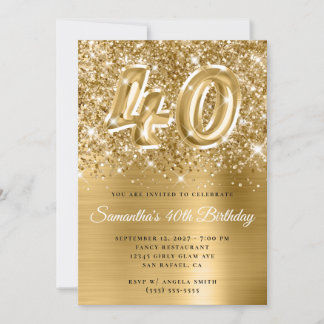 Glittery Gold Glam Number 40th Birthday Invitation