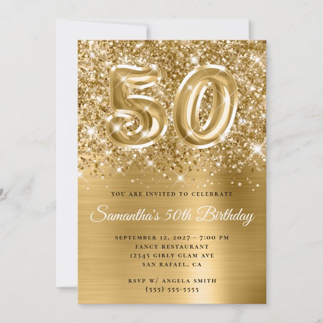 Glittery Gold Glam Number 50th Birthday Invitation (Front)