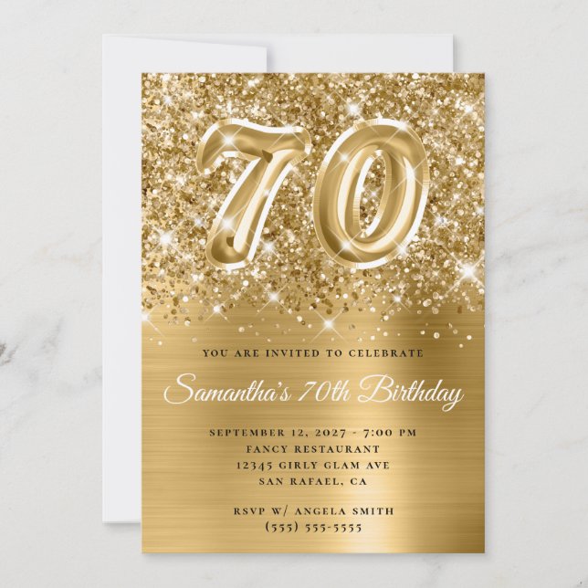 Glittery Gold Glam Number 70th Birthday Invitation (Front)