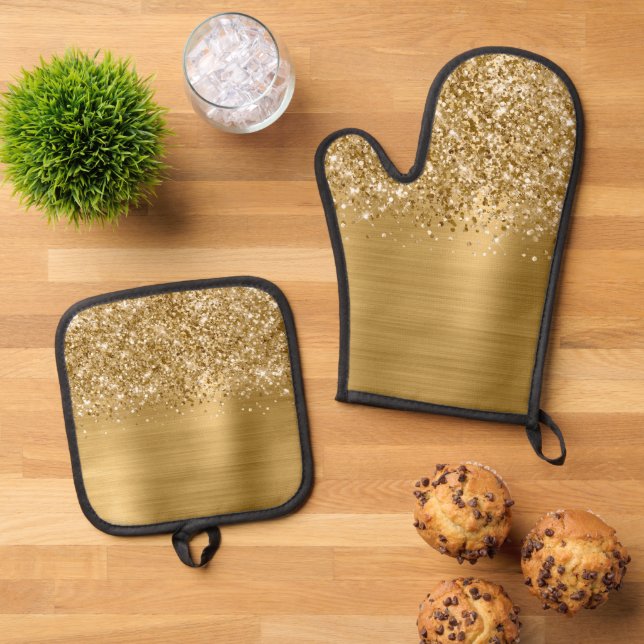 Glittery Gold Glam Oven Mitt & Pot Holder Set (Top Down)