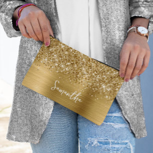 Glittery Gold Glam Script Name Accessory Pouch