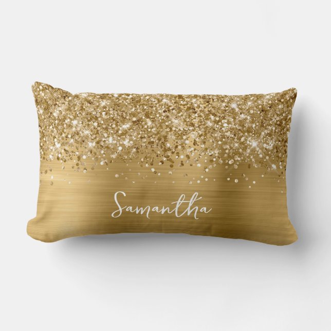 Glittery Gold Glam Script Name Lumbar Cushion (Front)