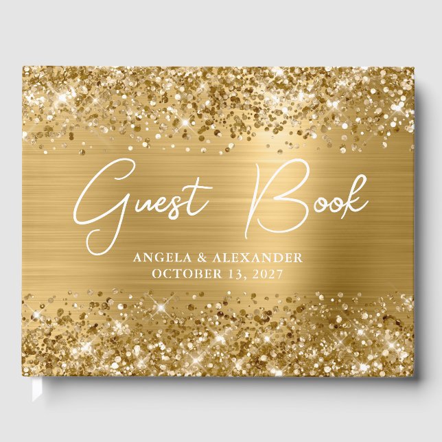 Glittery Gold Glam Wedding Guest Book (Front)
