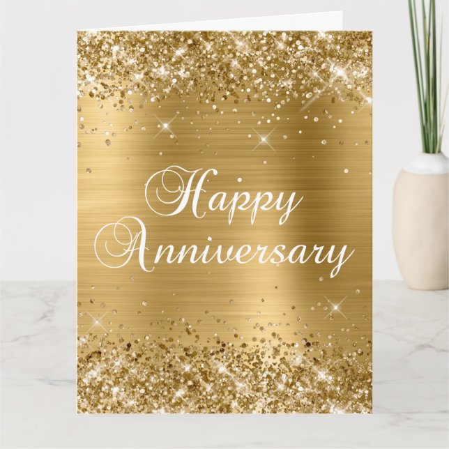 Glittery Gold Happy Anniversary Card (Front)