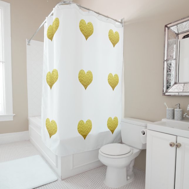 Glittery Gold Heart Patterns White Custom Colour Shower Curtain (In Situ)